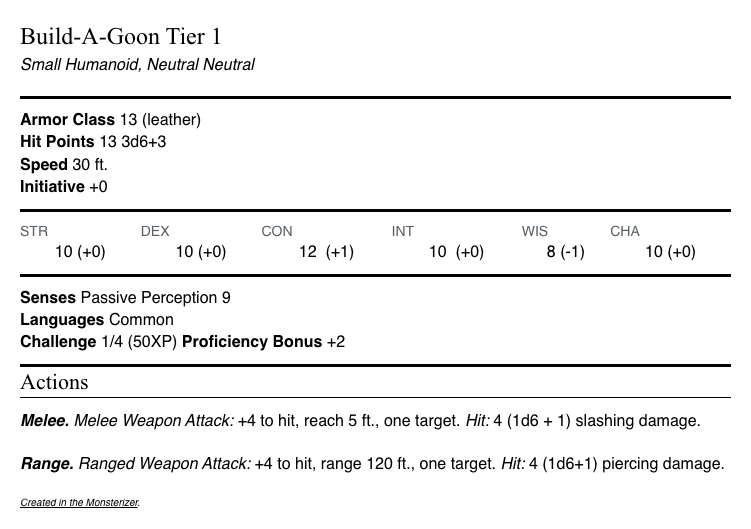 a D&D monster stat block made with rpgbot monsterizer