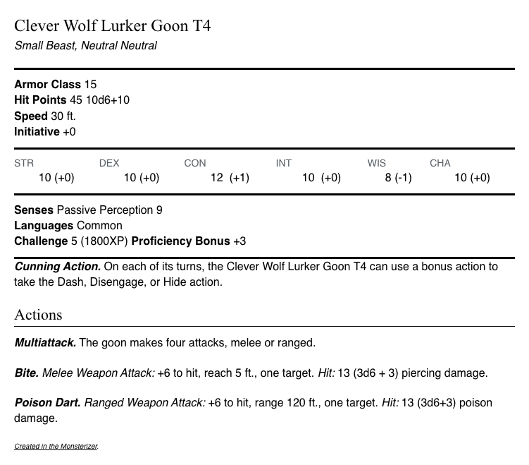 a D&D stat block made with RPGBOT monsterizer, fifth edition