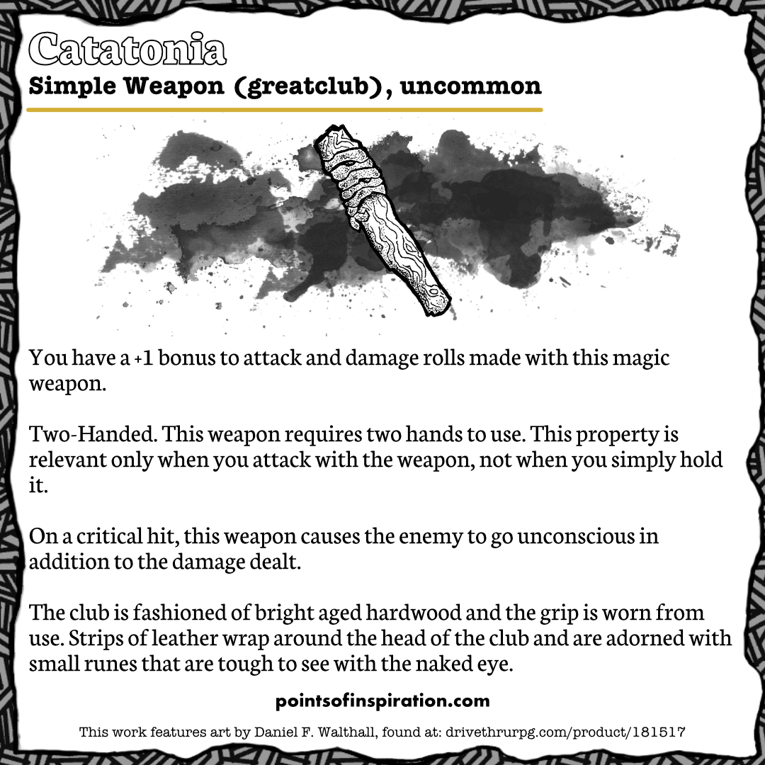 The club is fashioned of bright aged hardwood and the grip is worn from use. Strips of leather wrap around the head of the club and are adorned with small runes that are tough to see with the naked eye.