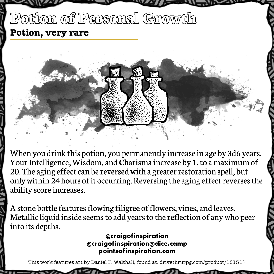 A stone bottle features flowing filigree of flowers, vines, and leaves. Metallic liquid inside seems to add years to the reflection of any who peer into its depths.